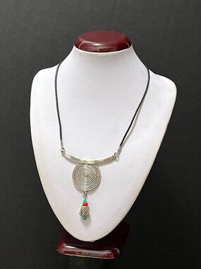Old Silver Pendant Necklace with Blue Turquoise & Coral China Length 16"